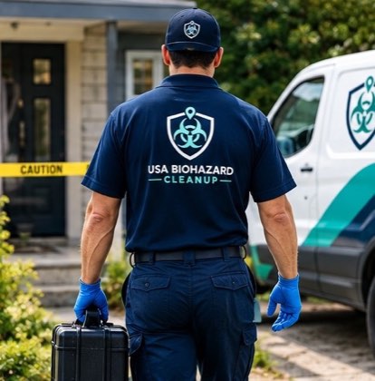 USA Biohazard Cleanup technician carrying an equipment case toward a home
