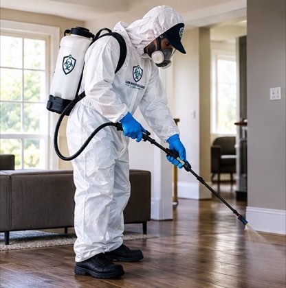 Technician in a protective suit disinfecting the floor of a living room