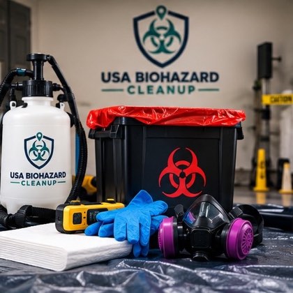 Biohazard cleanup equipment: sprayer, respirator, gloves, absorbent pads, and a waste container