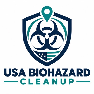 USA Biohazard Cleanup logo: shield with biohazard symbol and map pin
