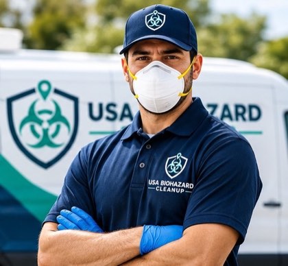 USA Biohazard Cleanup technician in uniform, respirator, and gloves beside a service van