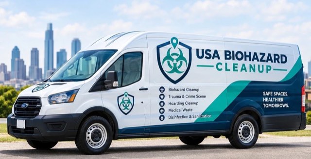 USA Biohazard Cleanup service van parked in front of a city skyline